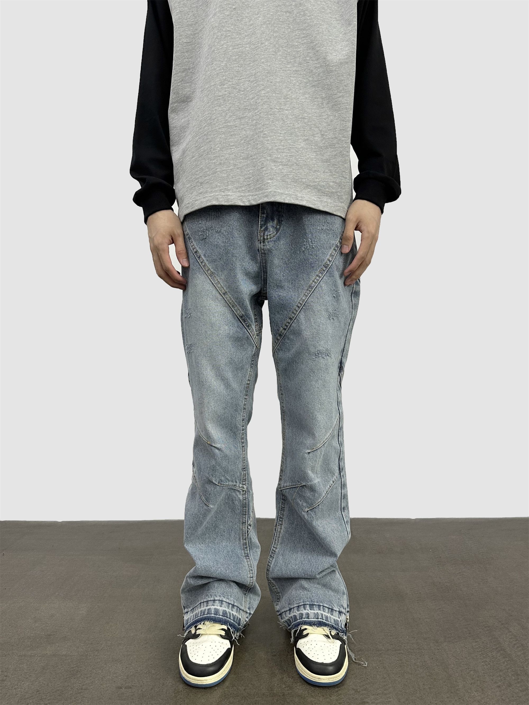washed faded patchwork zipper flared jeans