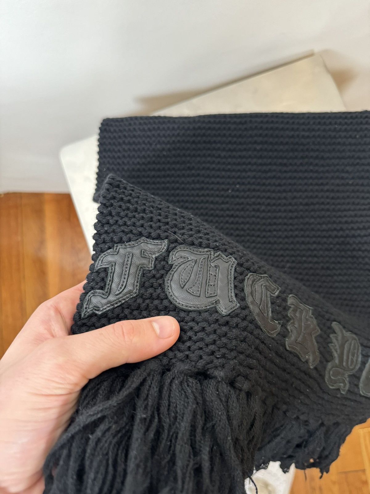 Chrome Hearts 🚭INSANE OG CHROME GRAIL🚭”FUCK YOU” KNIT LEATHER/WOOL SCARF Size ONE SIZE - 6 Thumbnail