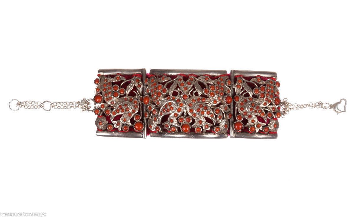 Designer Sterling Silver and Red Coral Ornate Cut Out Bracelet Size ONE SIZE - 1 Thumbnail