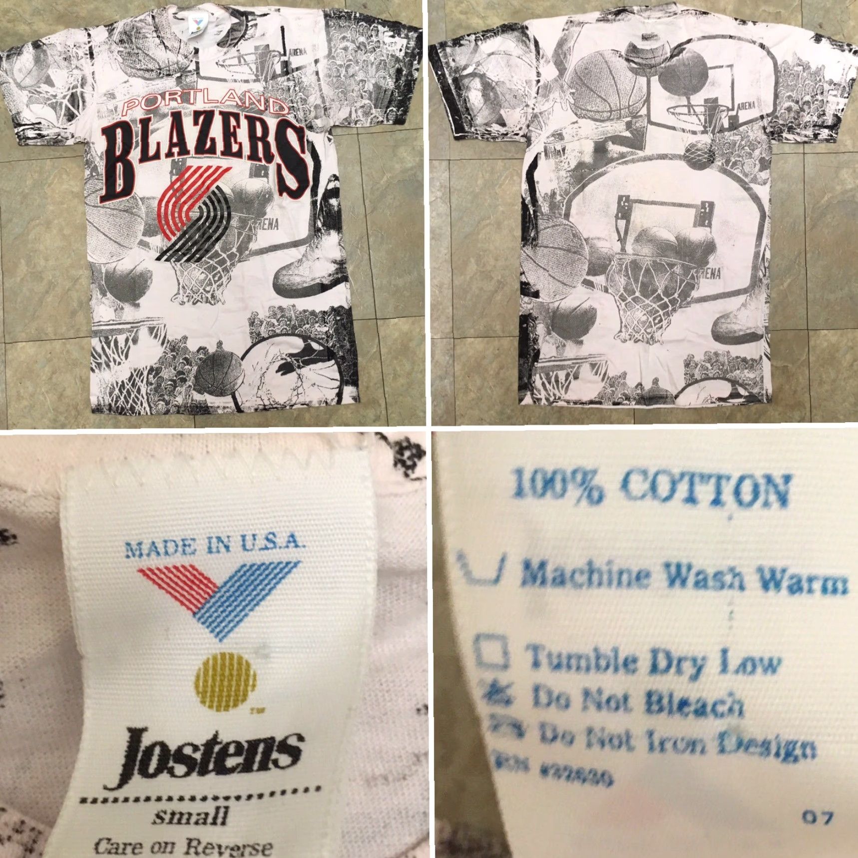 NBA VINTAGE Portland Trail Blazers All Over Print Tee Jostens USA Small NBA AOP Shirt Mens White 90s Basketball Graphic Tee Size 36R - 4 Thumbnail
