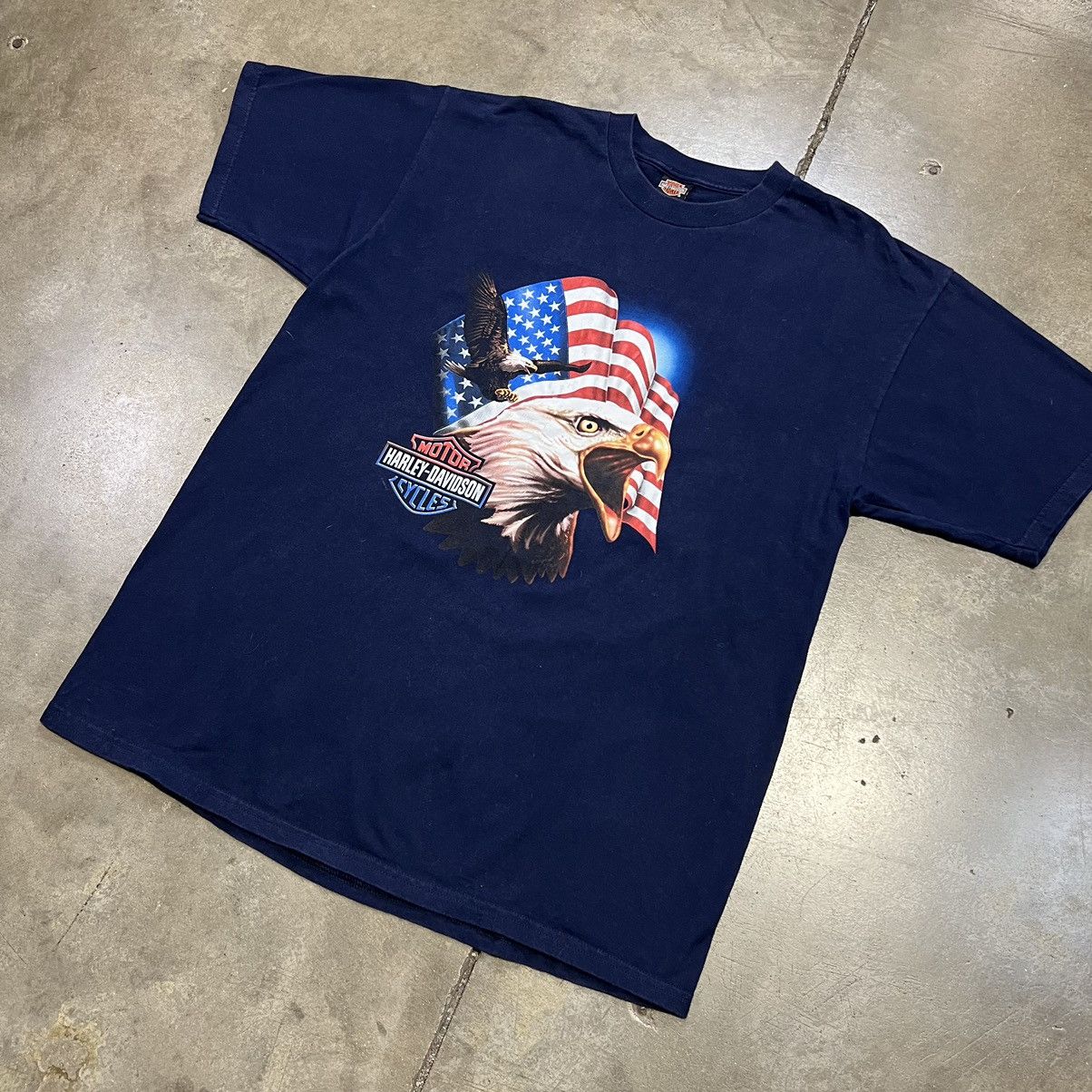 Harley Davidson × Vintage Vintage Harley Davidson Biker Tee Flame Spell Out Eagle Flag Size US XL / EU 56 / 4 - 2 Thumbnail