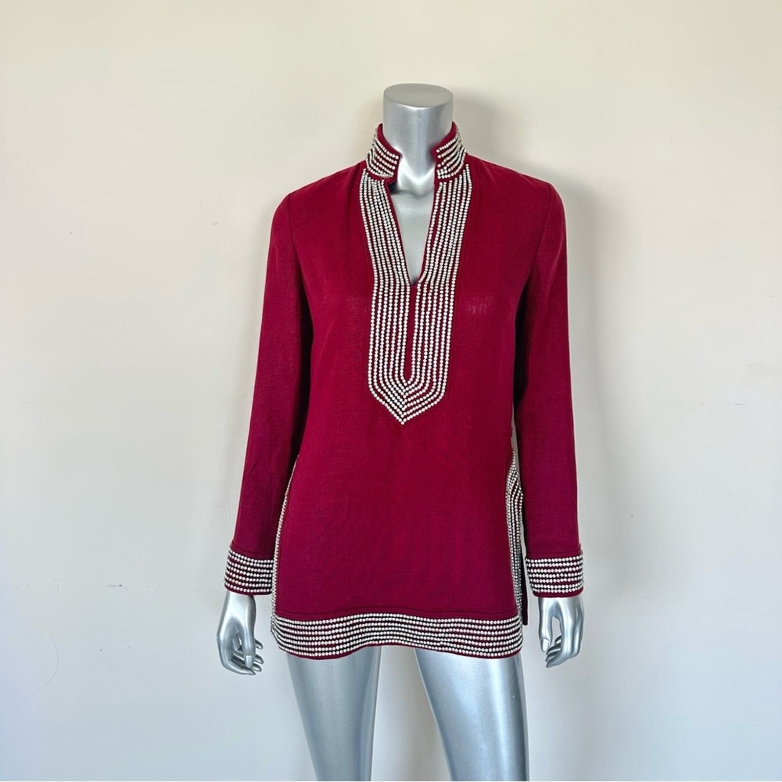 image of New!!! Tory Burch Women Linen Top With Crystals Size 2 in Red