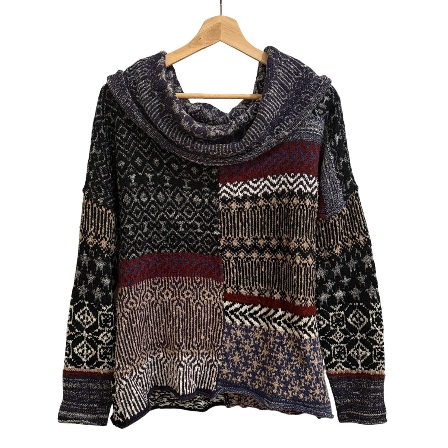 Free People Free People Sweater Womens Small Multicolor Cowl Neck Patchwork Nordic Knit Boho Size S / US 4 / IT 40 - 2 Thumbnail