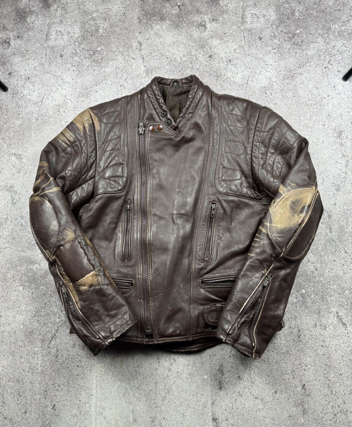 Vintage VINTAGE 80S BROWN BIKER RAMONES FADED RACING LEATHER JACKET Size US L / EU 52-54 / 3 - 4 Thumbnail
