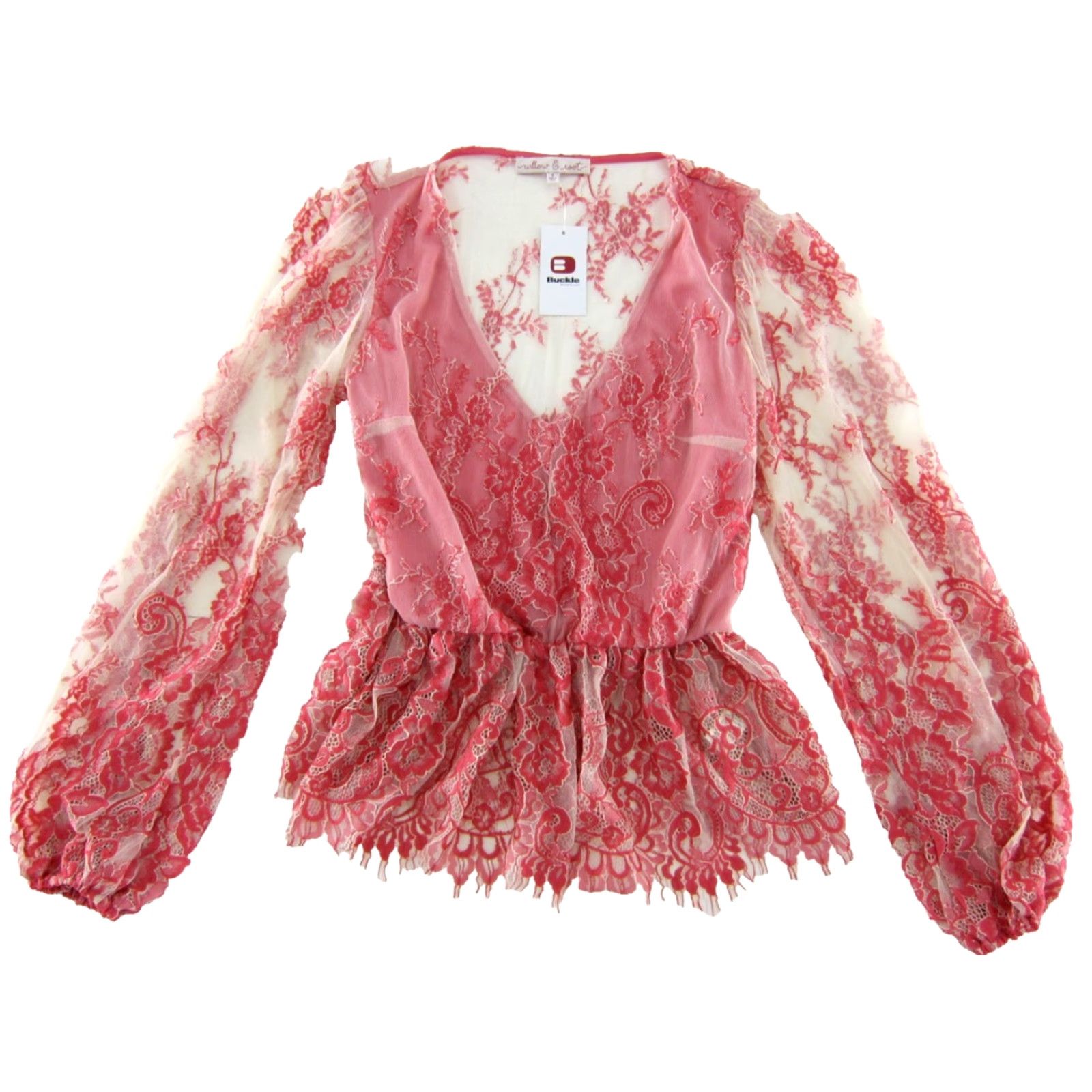 Vintage VINTAGE Willow & Root Pink Ivory Floral Embroidered Lace Long Sleeve V-Neck Blouse S Size S / US 4 / IT 40 - 2 Thumbnail