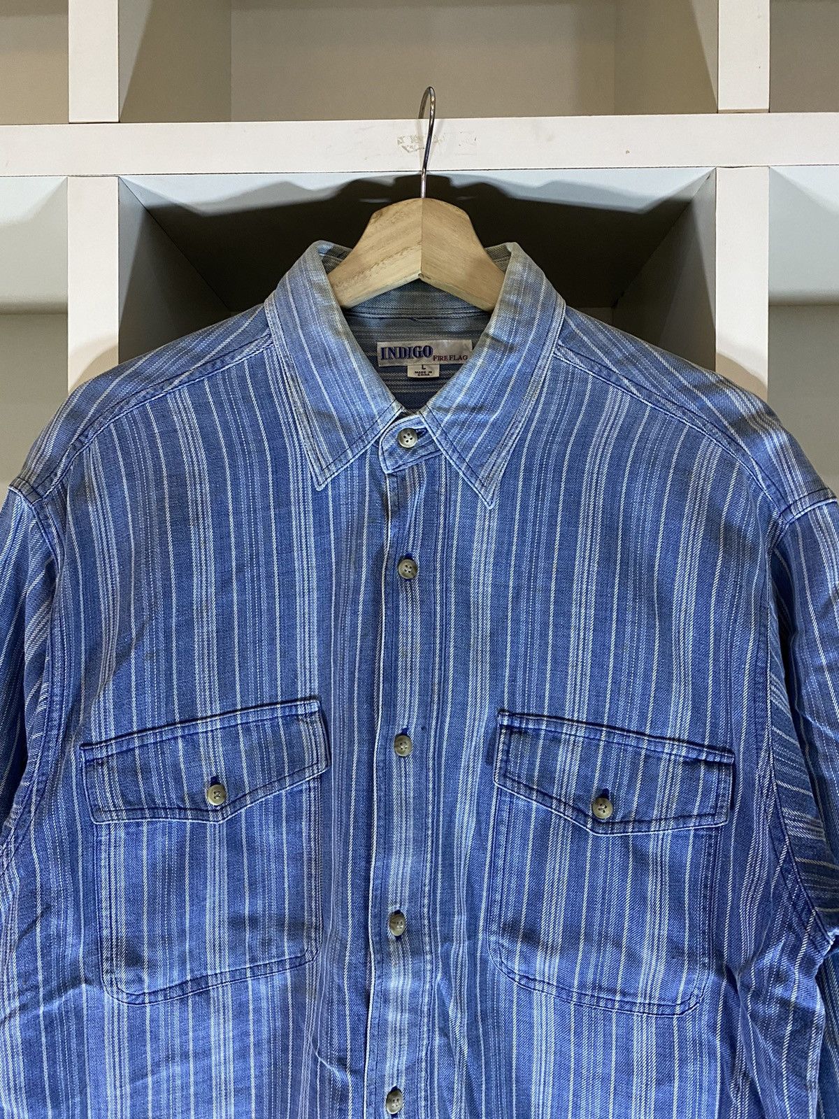 Indigo × Japanese Brand × Vintage Vintage Indigo Fire Flag Button Shirt Size US L / EU 52-54 / 3 - 5 Thumbnail