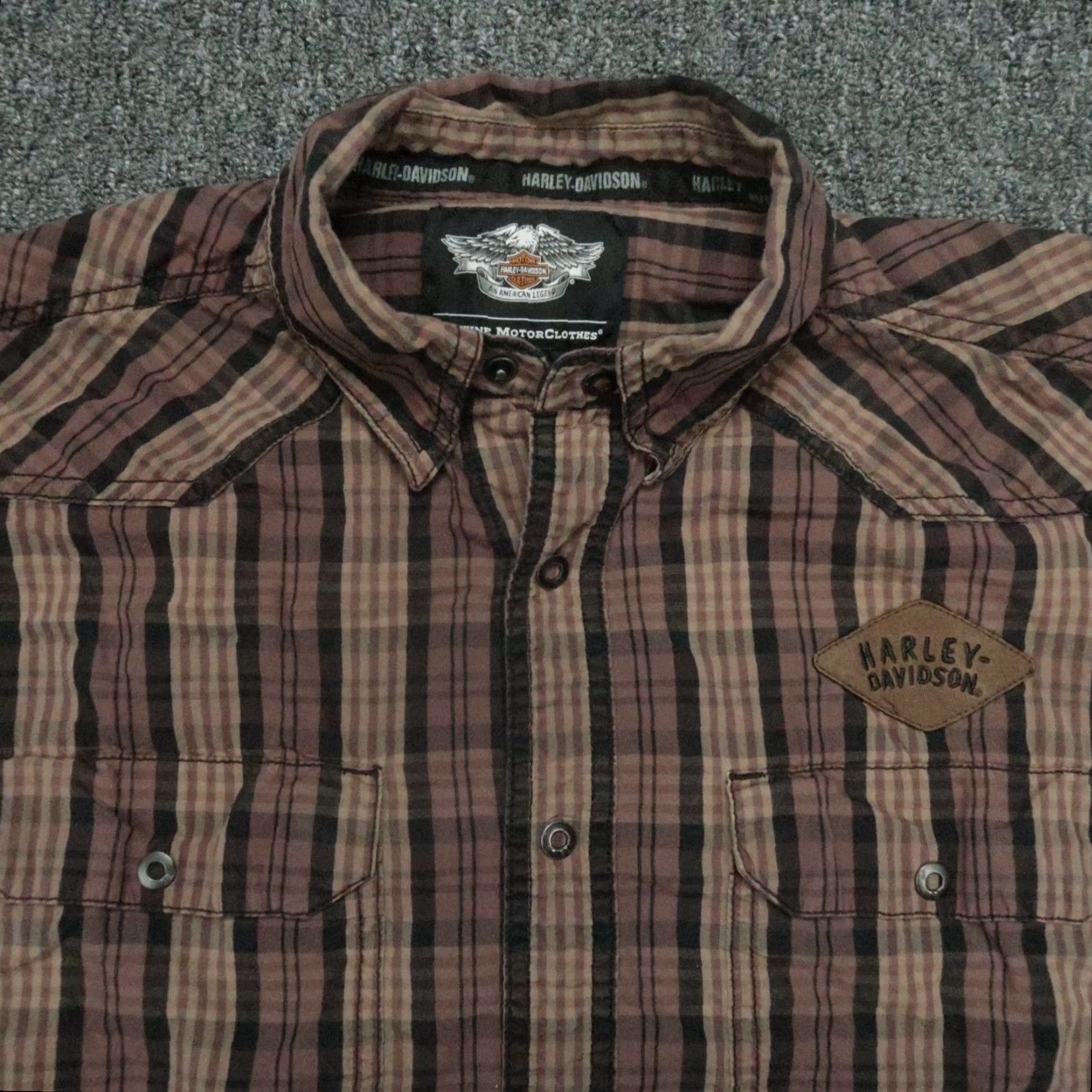 Harley Davidson VINTAGE Harley-Davidson Men's Shirt Short Sleeve Plaid Casual Travel Brown Cotton Large Size US L / EU 52-54 / 3 - 2 Thumbnail