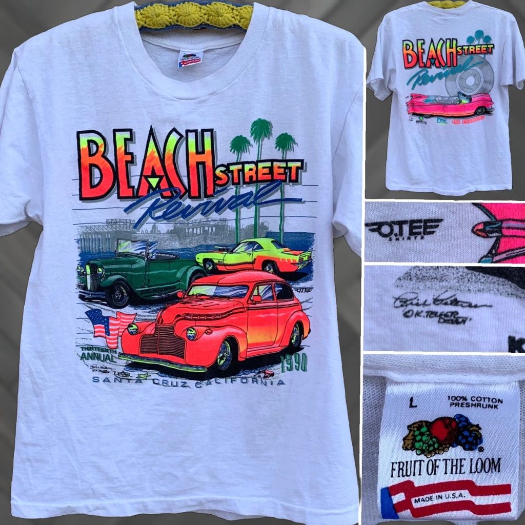 Fruit Of The Loom VINTAGE Beach Street Revival 1990 Santa Cruz T-Shirt neon graphics Classic Cars Shirt Unisex L White 1990s Graphics Tee Girls/Mens? Size US L / EU 52-54 / 3 - 1 Thumbnail