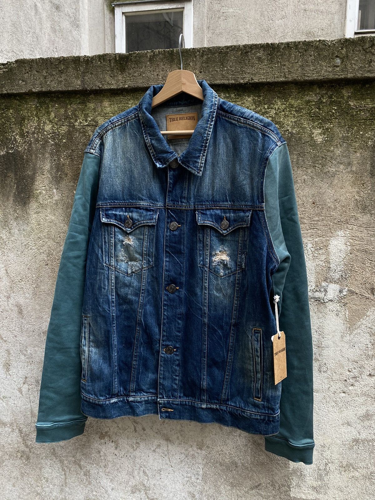 image of New With Tags True Religion Distressed Denim Y2K Jacket in Blue, Men's (Size XL)