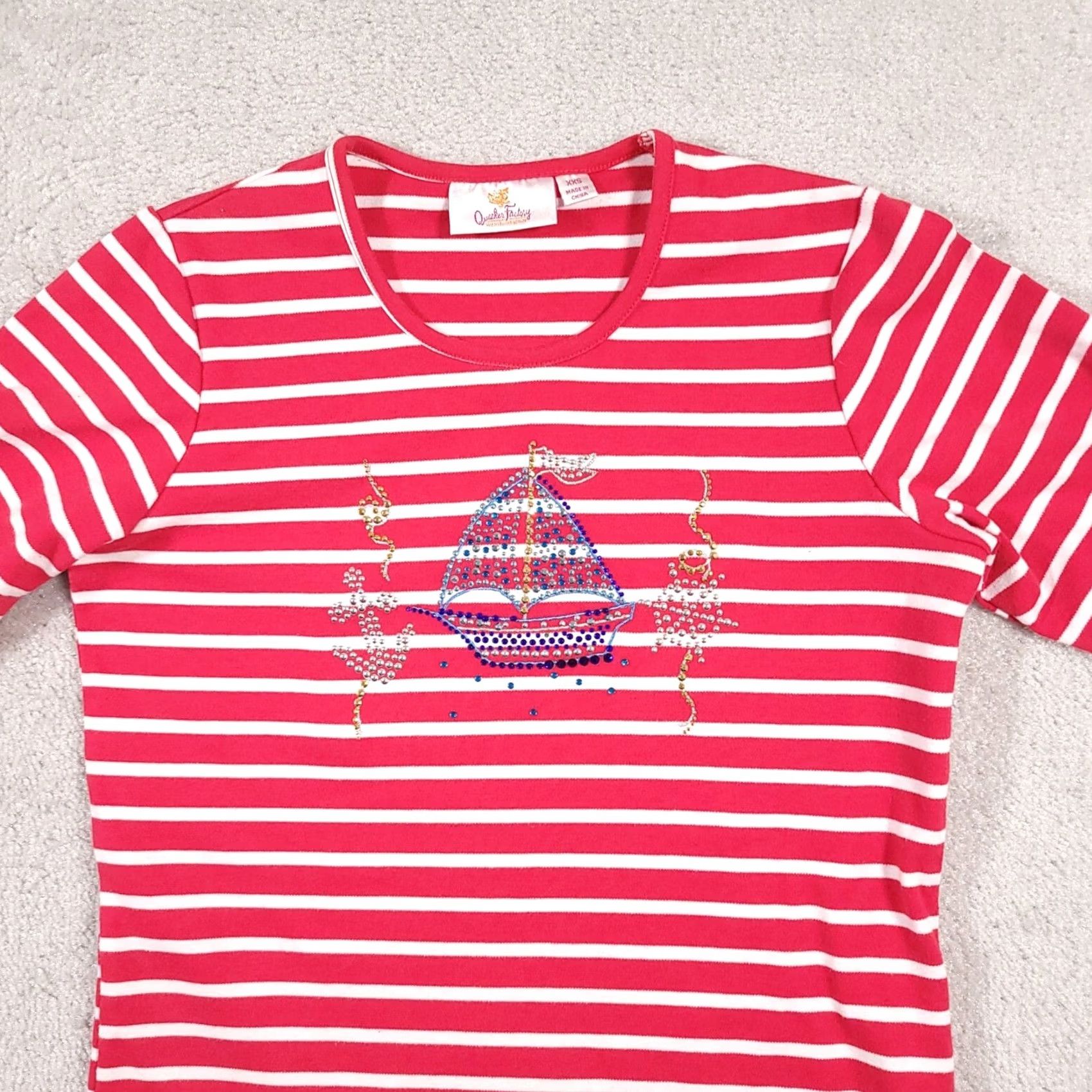 Quacker Factory Quacker Factory Shirt Womens 2XS Short Sleeve Women XXS Striped Red White Anchor Sailboat Size XXS / US 00 / IT 34 - 3 Thumbnail