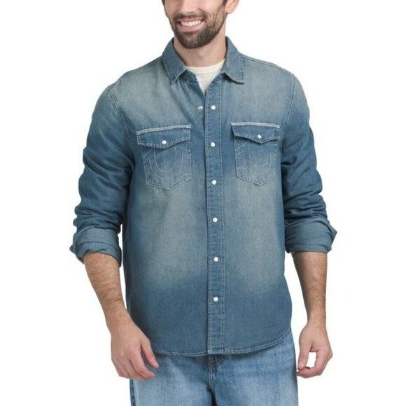 True Religion True Religion Mens Blue Denim Graphic Logo Chambray Long Sle Size US L / EU 52-54 / 3 - 2 Thumbnail