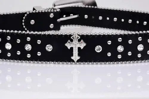 VIBE Black Cross Rivet Belt Engraved Buckle Rhinestone Size ONE SIZE - 8 Thumbnail