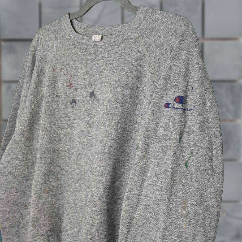 VINTAGE Champion Raglan Logo Spellout Sweatshirt Distressed Paint Splatter Gray XL Unisex Adults Pullover Sweatshirt