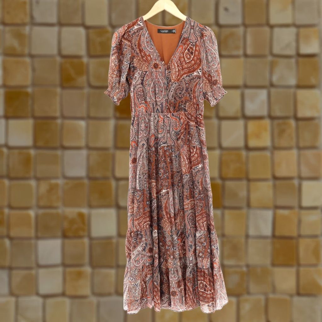 Ralph Lauren Ralph Lauren Dress Midi Paisley Chiffon Puff Sleeve Tired Boho Rust 4P Women's Size S / US 4 / IT 40 - 1 Thumbnail