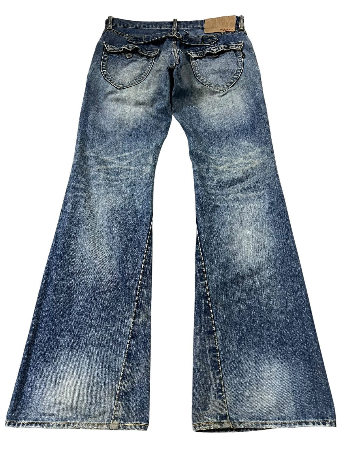 Japanese Brand 💥Twist Leg💥Purple & Yellow Distress Backle Back Flare Jean Size US 31 - 2 Thumbnail