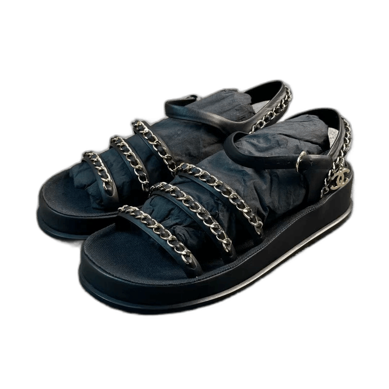 Chanel Chanel Black Gold Chain Logo Sandals-yf Size US 6 / EU 39 - 1 Thumbnail