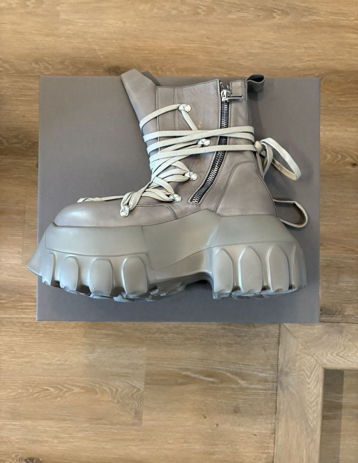 Pre-owned Rick Owens Hollywood Megalace Boots In Gray