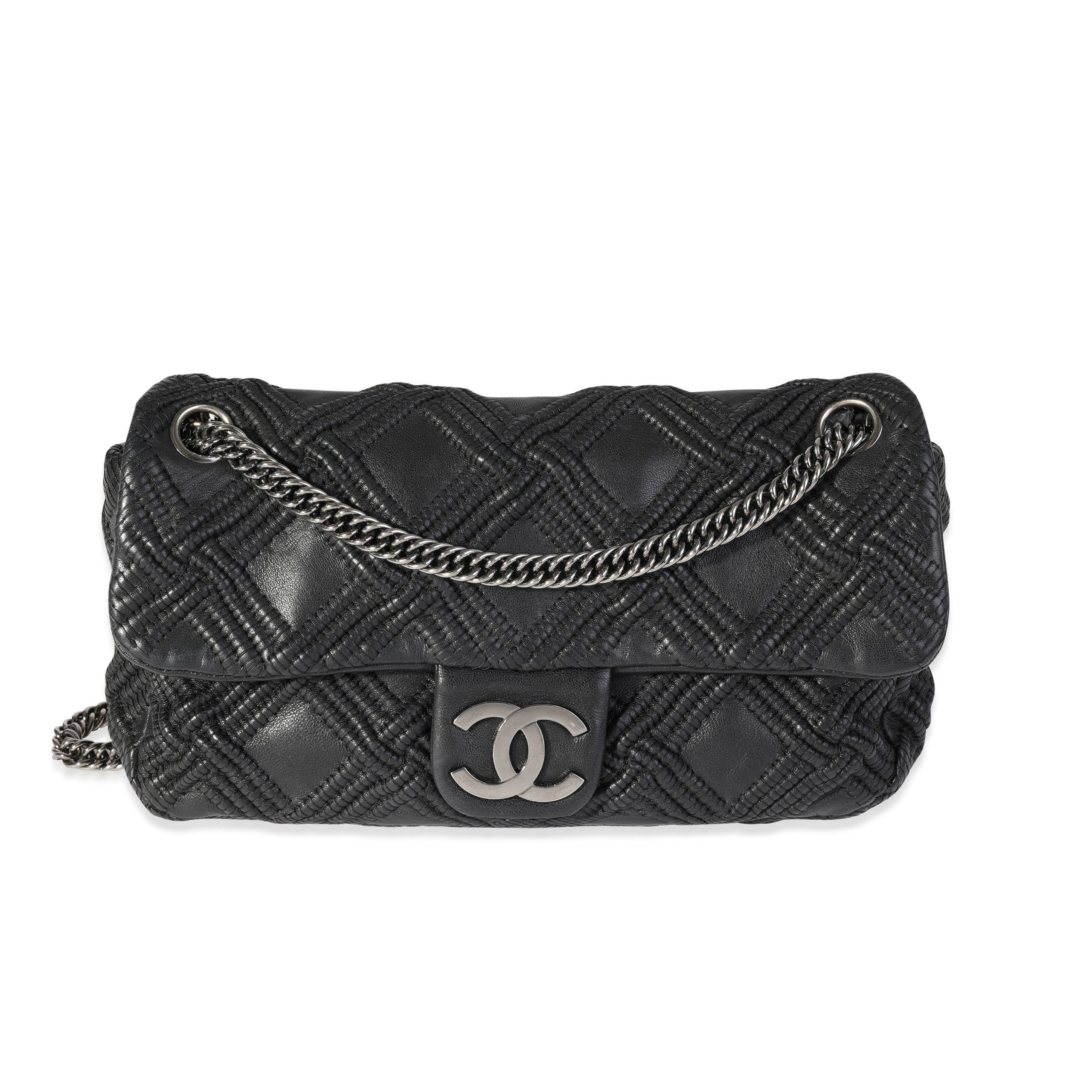 image of Chanel Black Woven Grid Leather Single Flap Bag, Women's