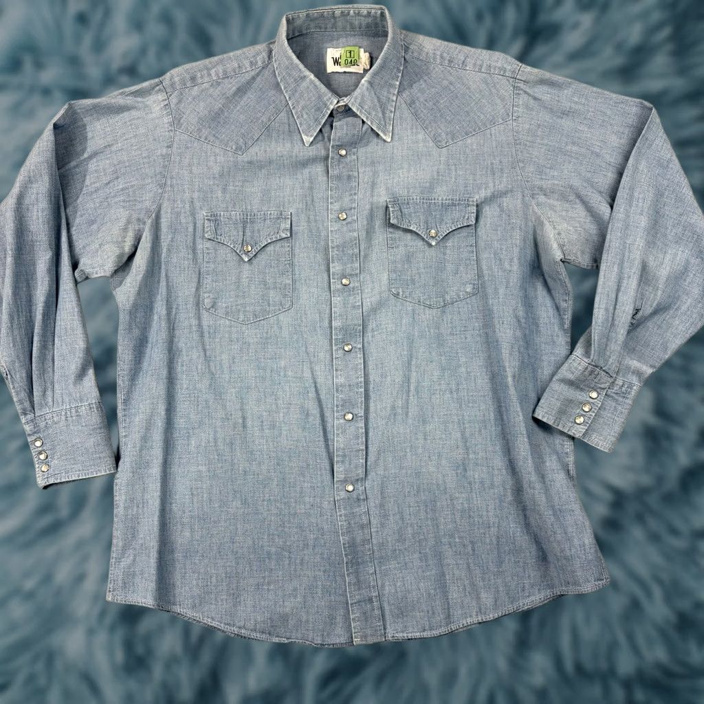 Vintage Vintage 1970s Woolrich Denim Pearl Snap Sz XL Rockabilly Western Retro Disco Shirt Size US XL / EU 56 / 4 - 1 Thumbnail