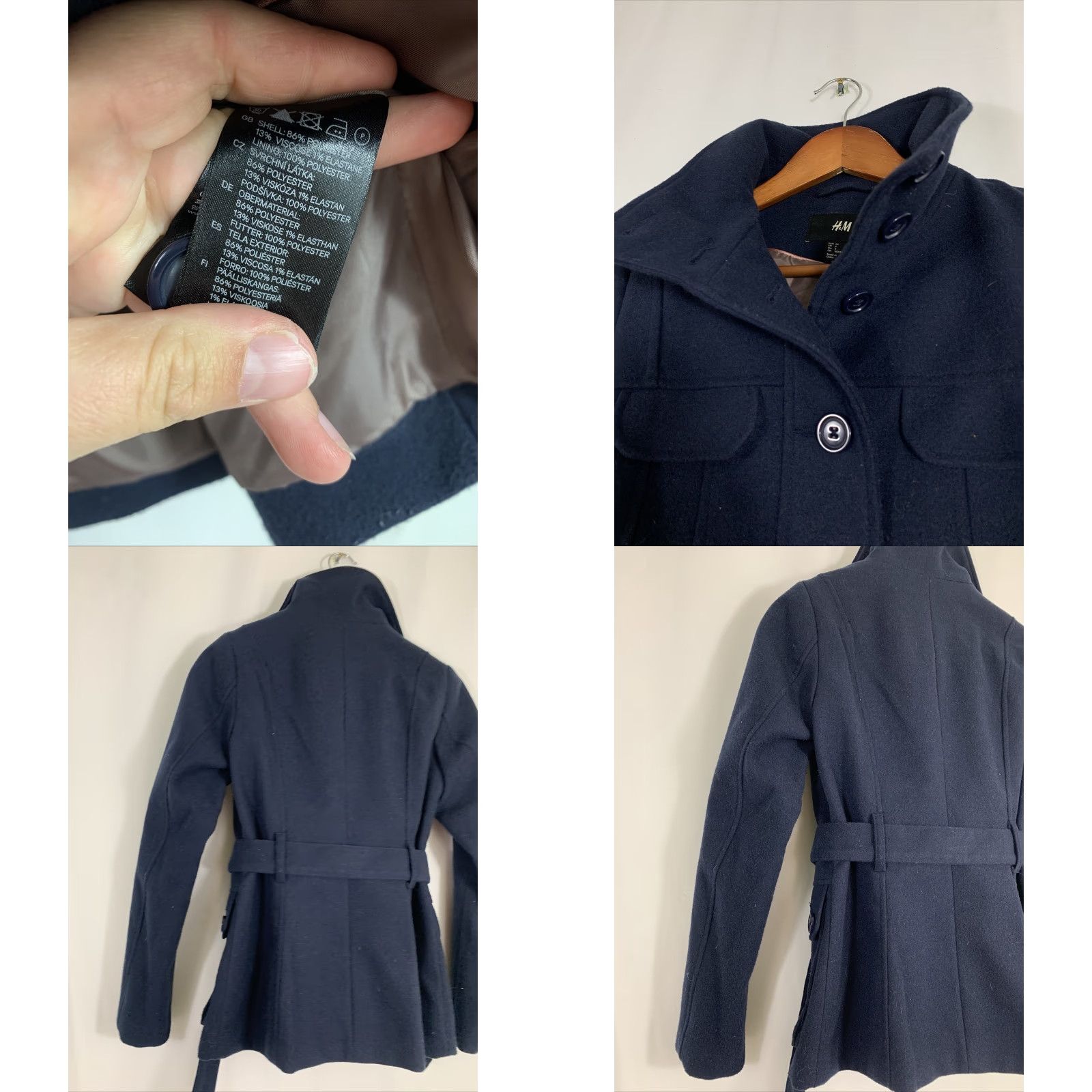 H&M HM Womens Size 4 Navy Blue Belted Button Up Pea Coat Ribbed Winter Jacket Size S / US 4 / IT 40 - 8 Thumbnail