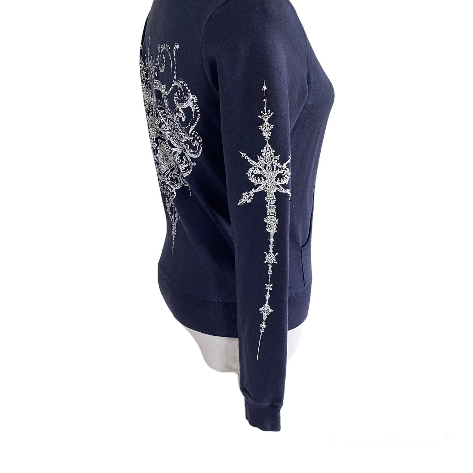Other Navy Blue Long Sleeve Hoodie Jacket Embellished Rhinestones Size S / US 4 / IT 40 - 3 Thumbnail