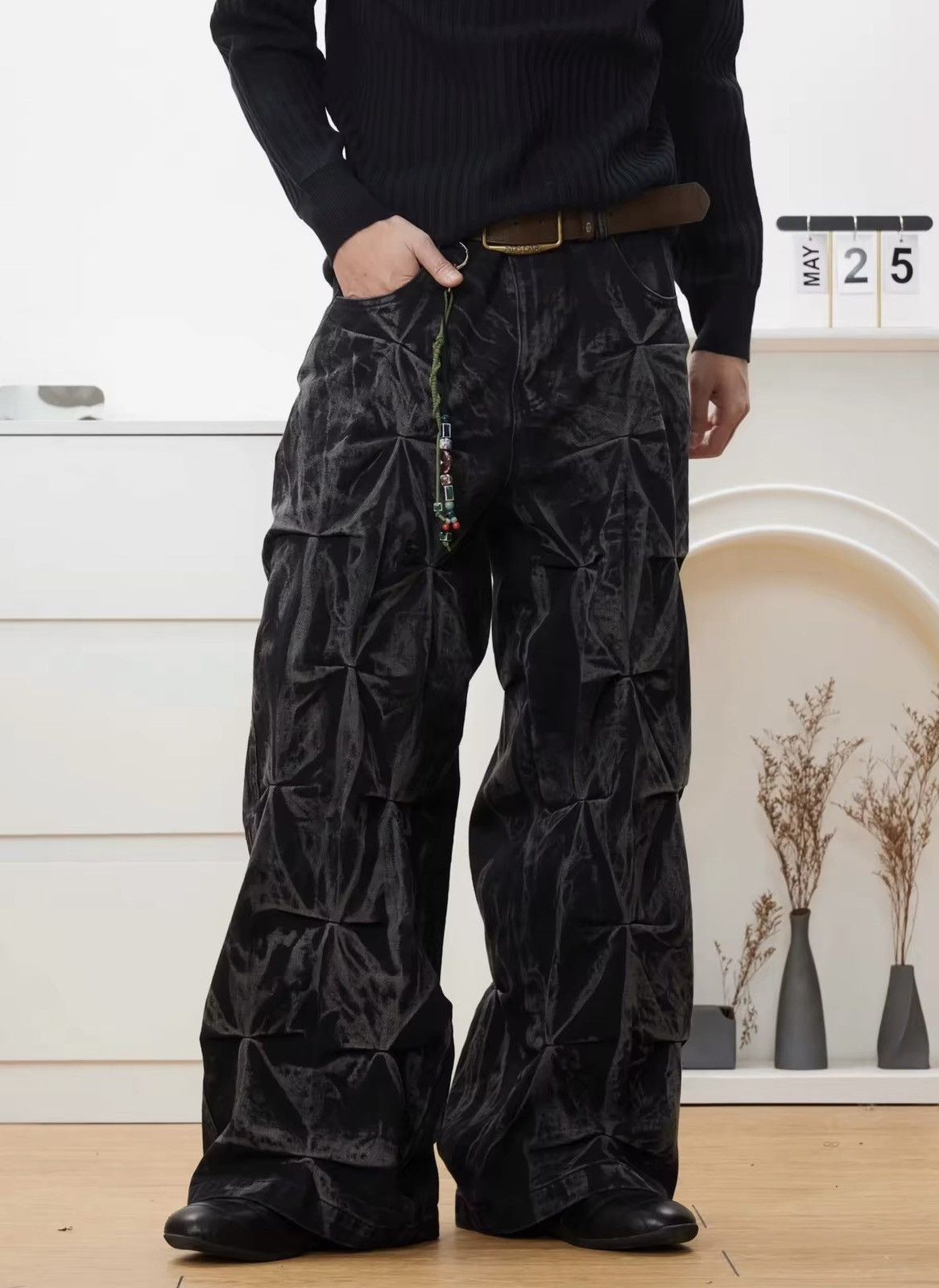 Retro Washed Deconstructed Pleated Wide Leg Jean Pant