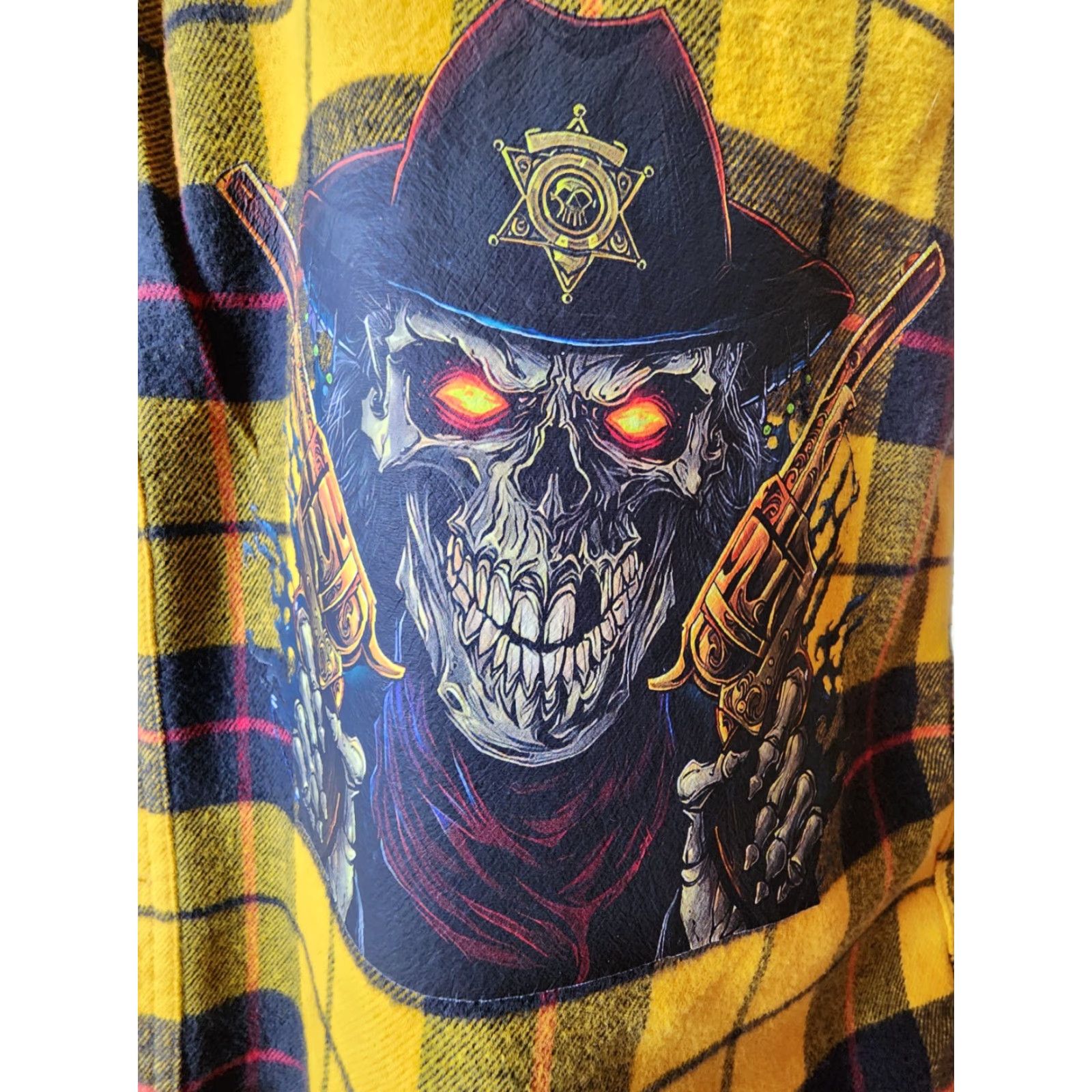 Vintage VINTAGE Men's M Upcycled Halloween Pumpkin Skull Flannel Shirt Long Sleeve Yellow Cotton 80s 90s Graphic Punk Rock Party Mens Size US M / EU 48-50 / 2 - 4 Thumbnail