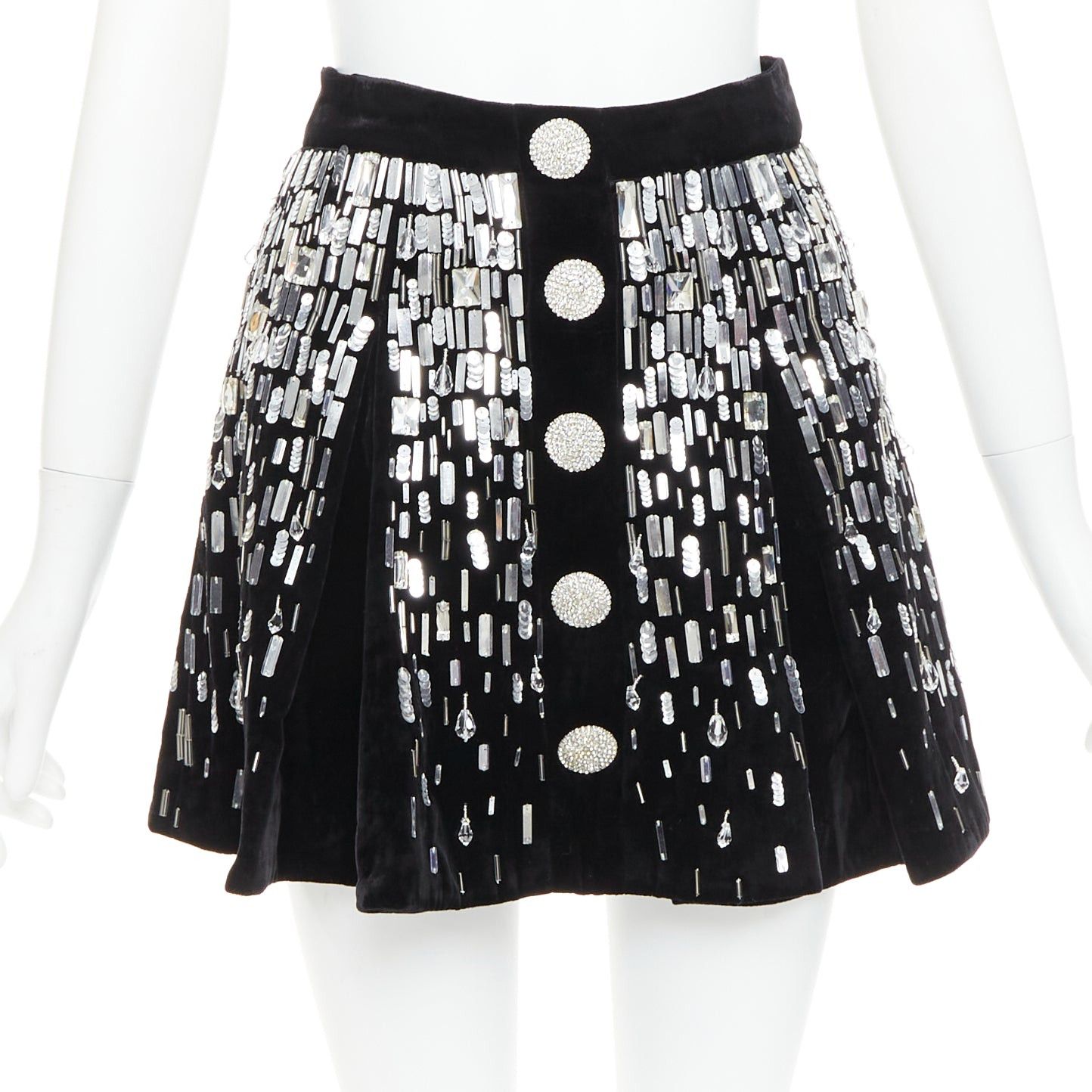 Balmain BALMAIN Embellished Skater black silver beads sequins flare mini skirt FR34 XS Size 26" / US 2 / IT 38 - 1 Thumbnail