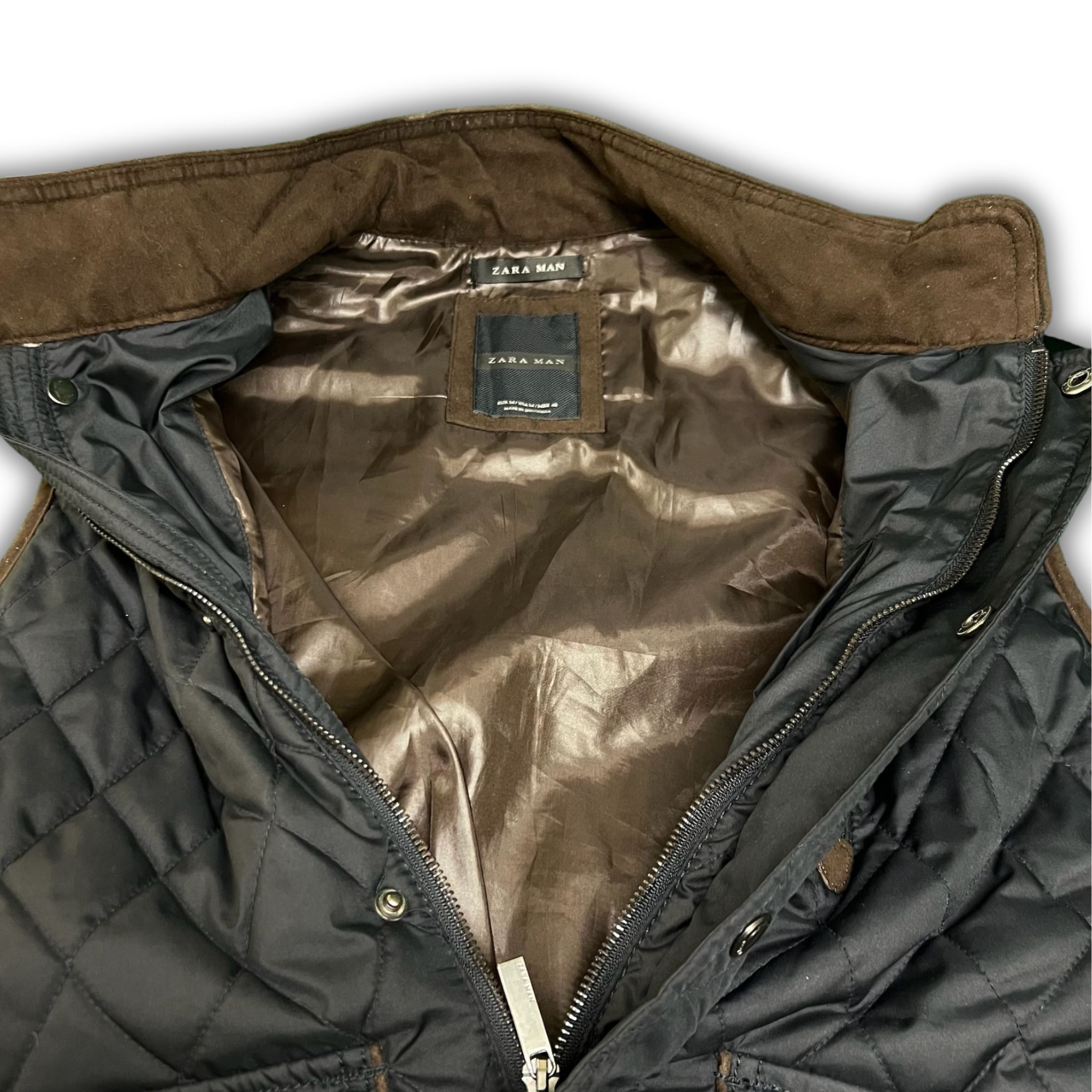Zara ZARA Man Black Quilted Vest With Brown Suede Accents Snap Po Size US M / EU 48-50 / 2 - 8 Thumbnail