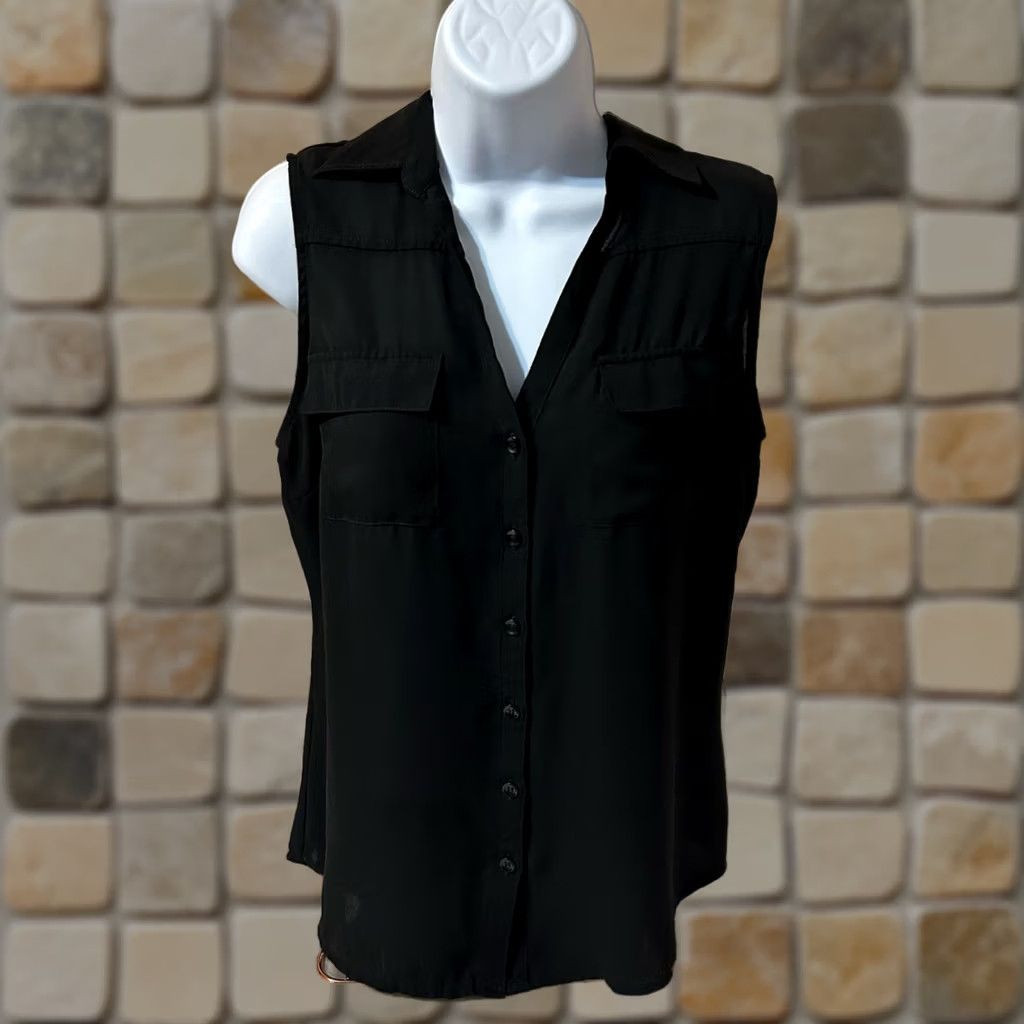 Vintage New York & Company Sleeveless Blouse Women Small Black Button Up V Neck Size S / US 4 / IT 40 - 1 Thumbnail
