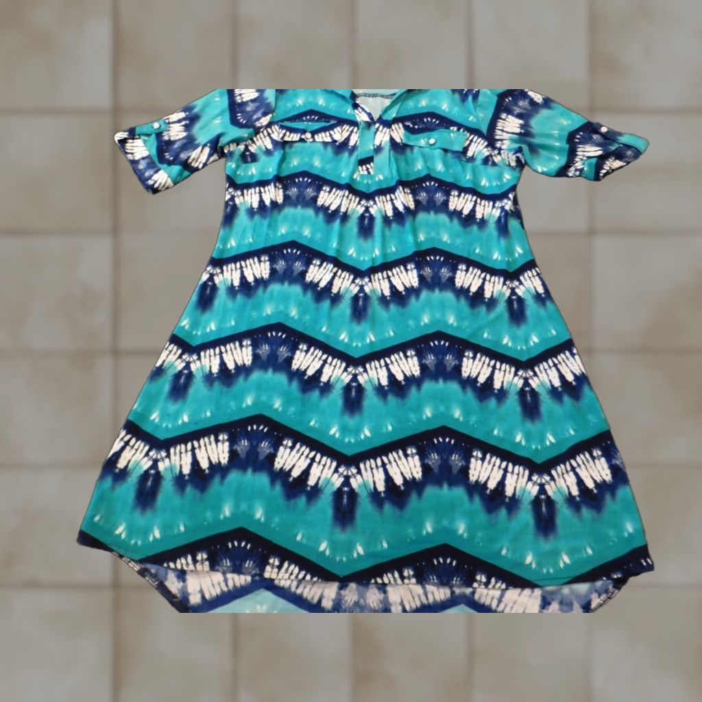 Vintage Mlle Gabrielle Dress Womens Large Blue Striped Midi Stretch Button A-Line Short Sleeve Crew Neck Size L / US 10 / IT 46 - 1 Thumbnail