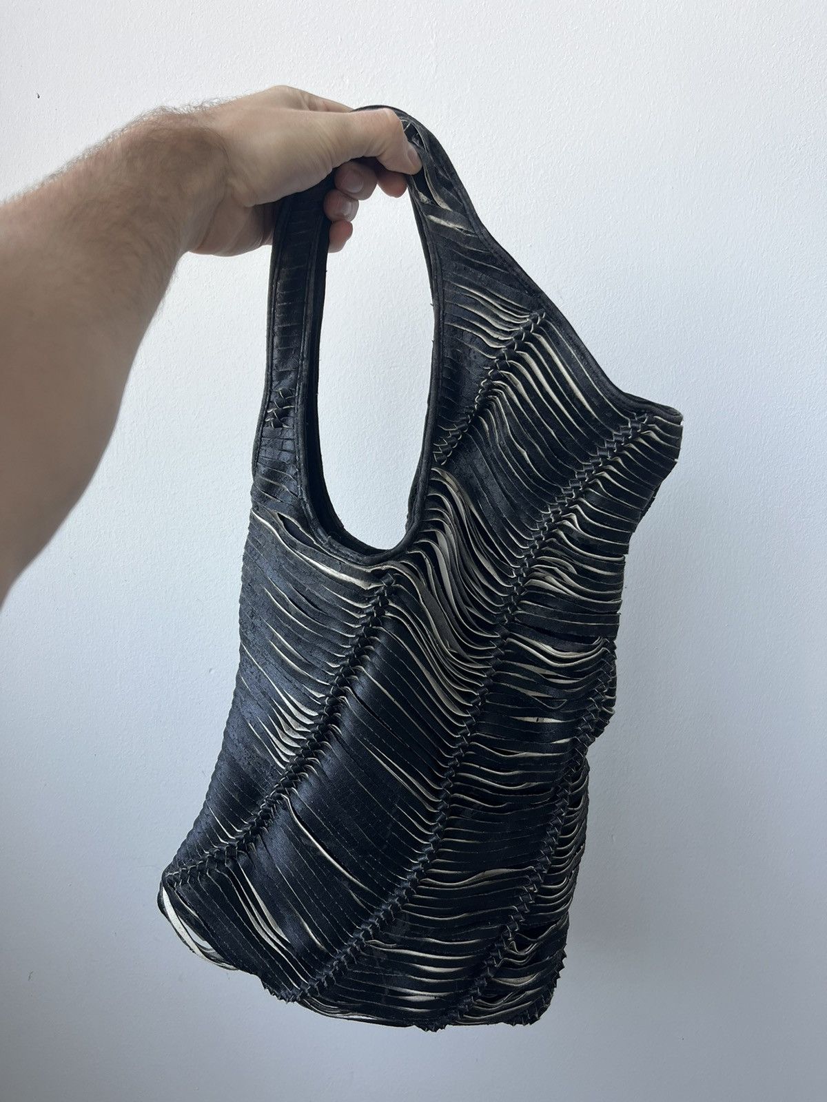image of Vintage Asymetrical Scissored Leather Shoulder Bag in Black, Women's
