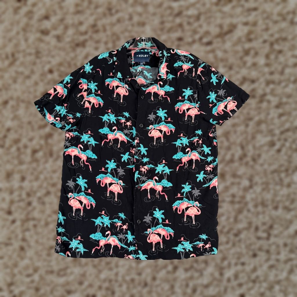 Vintage Kolby Shirt Adult Medium Black Blue Pink Flamingo Palm Tree 100% Rayon Size US M / EU 48-50 / 2 - 1 Thumbnail