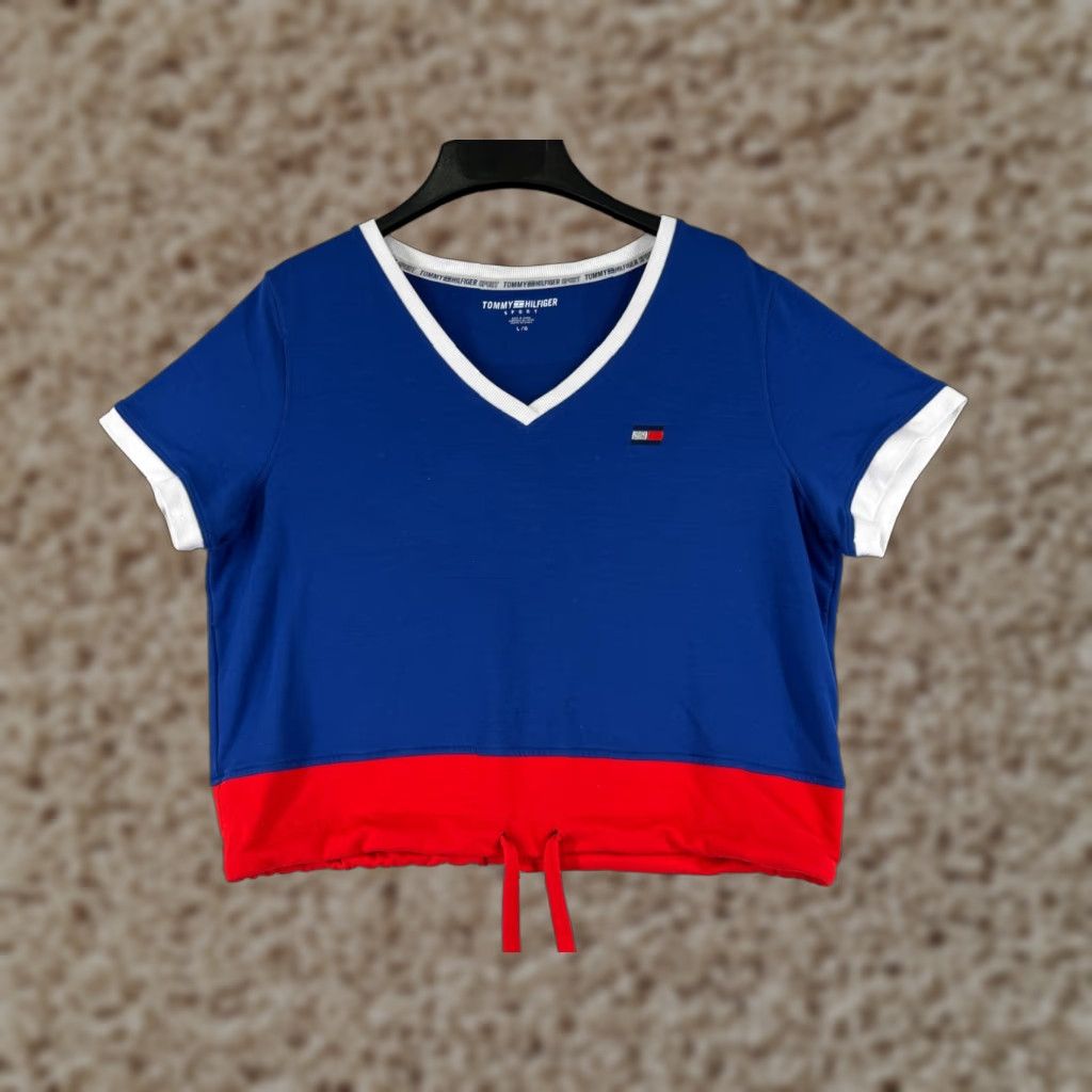 Tommy Hilfiger Tommy Hilfiger Sport Shirt Womens Large Blue V-Neck Crop Shirt Size L / US 10 / IT 46 - 1 Thumbnail