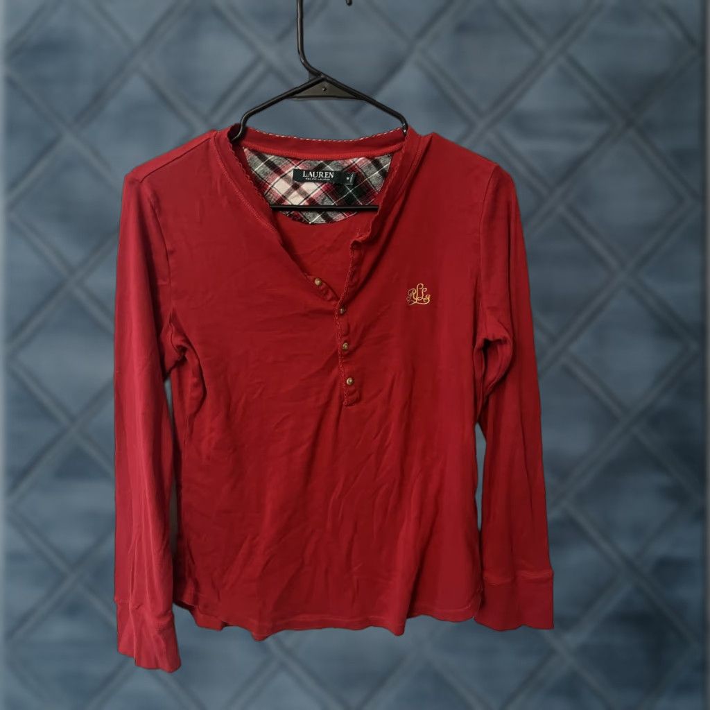 Ralph Lauren VINTAGE Ralph Lauren Women's Pajama Shirt Long Sleeve Henley Red Cotton Embroidered Logo Classic Holiday M Size M / US 6-8 / IT 42-44 - 1 Thumbnail