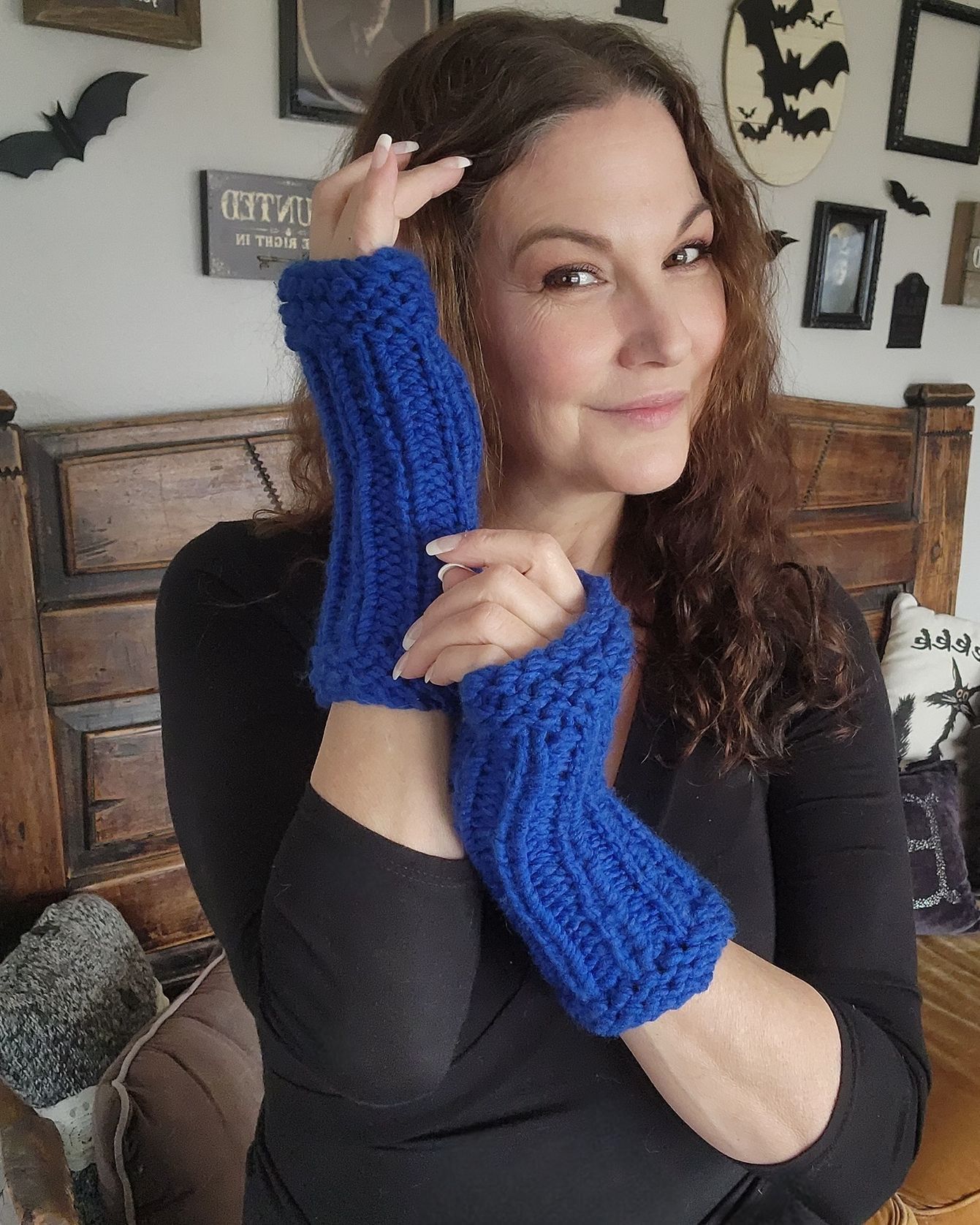 Handmade Hand Knit Fingerless Gloves, Armwarmers in Blue Yarn, Womens Size ONE SIZE - 1 Thumbnail