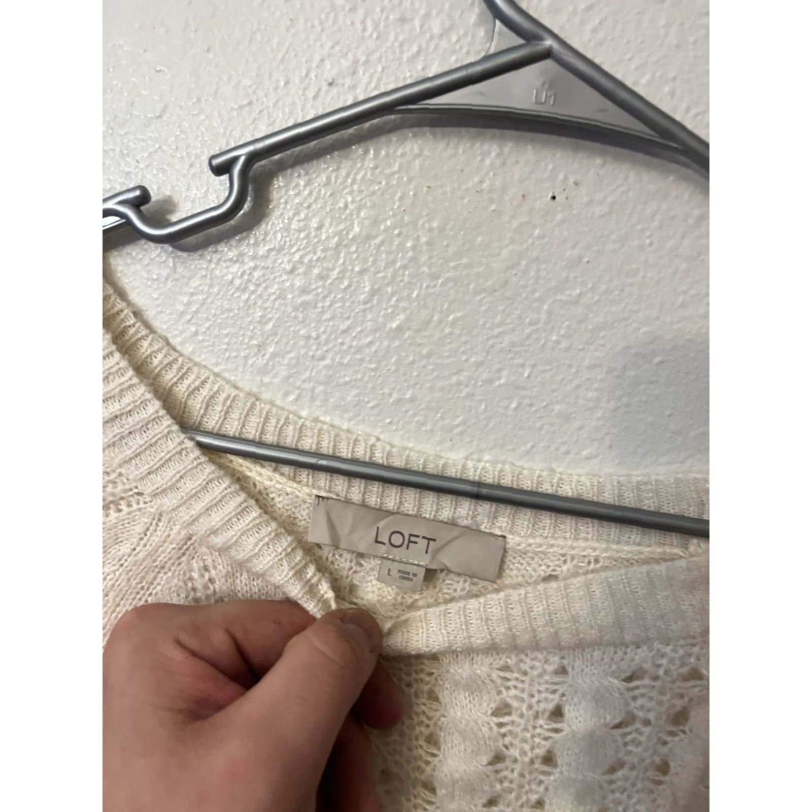 Loft LOFT Cream Open Weave Long Sleeve Cotton Blend Sweater L Womens Pullover Round Neckline Size L / US 10 / IT 46 - 3 Thumbnail