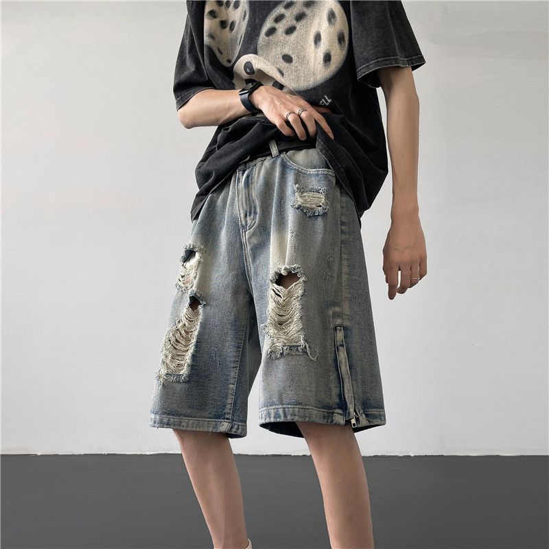 Japanese Brand Men's loose straight-leg ripped zipper split denim shorts Size US 32 / EU 48 - 3 Thumbnail