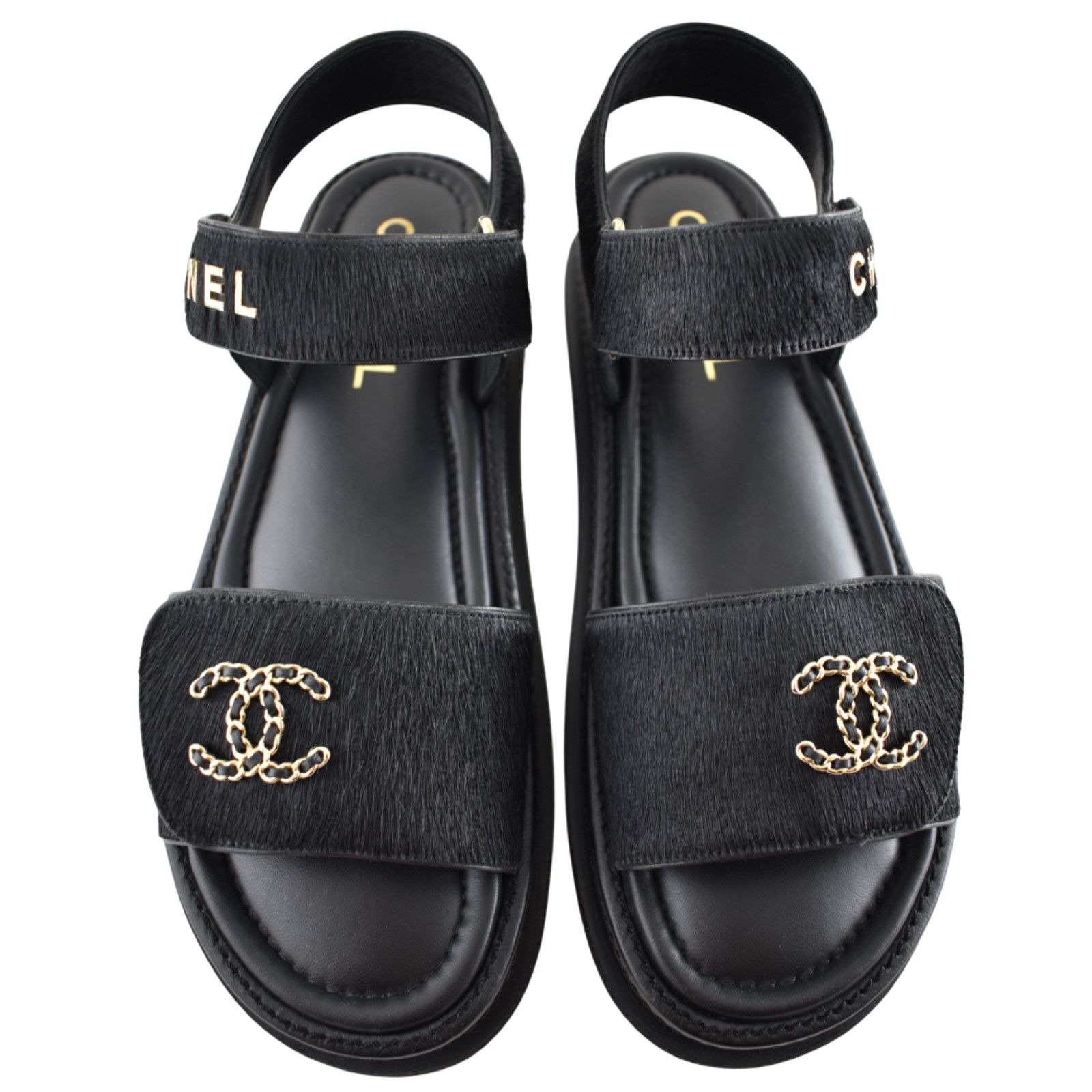 Chanel Chanel 24B Black Calf Hair Gold CC Logo Flat Dad Sandal 36 Size US 5 / IT 35 - 2 Thumbnail