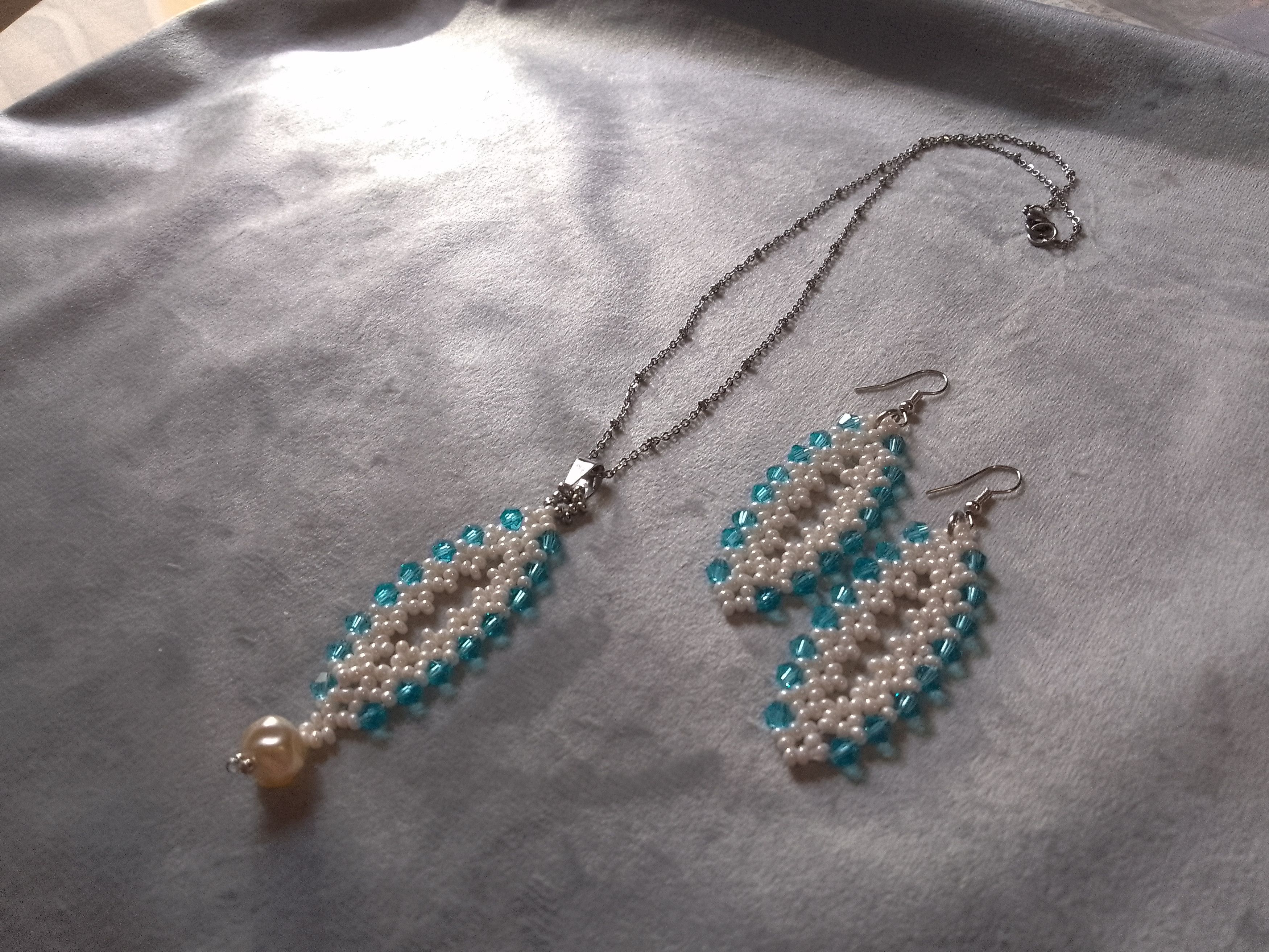 Handmade Necklace pendant earrings ivory glass, pearl, blue crystals Size ONE SIZE - 1 Thumbnail