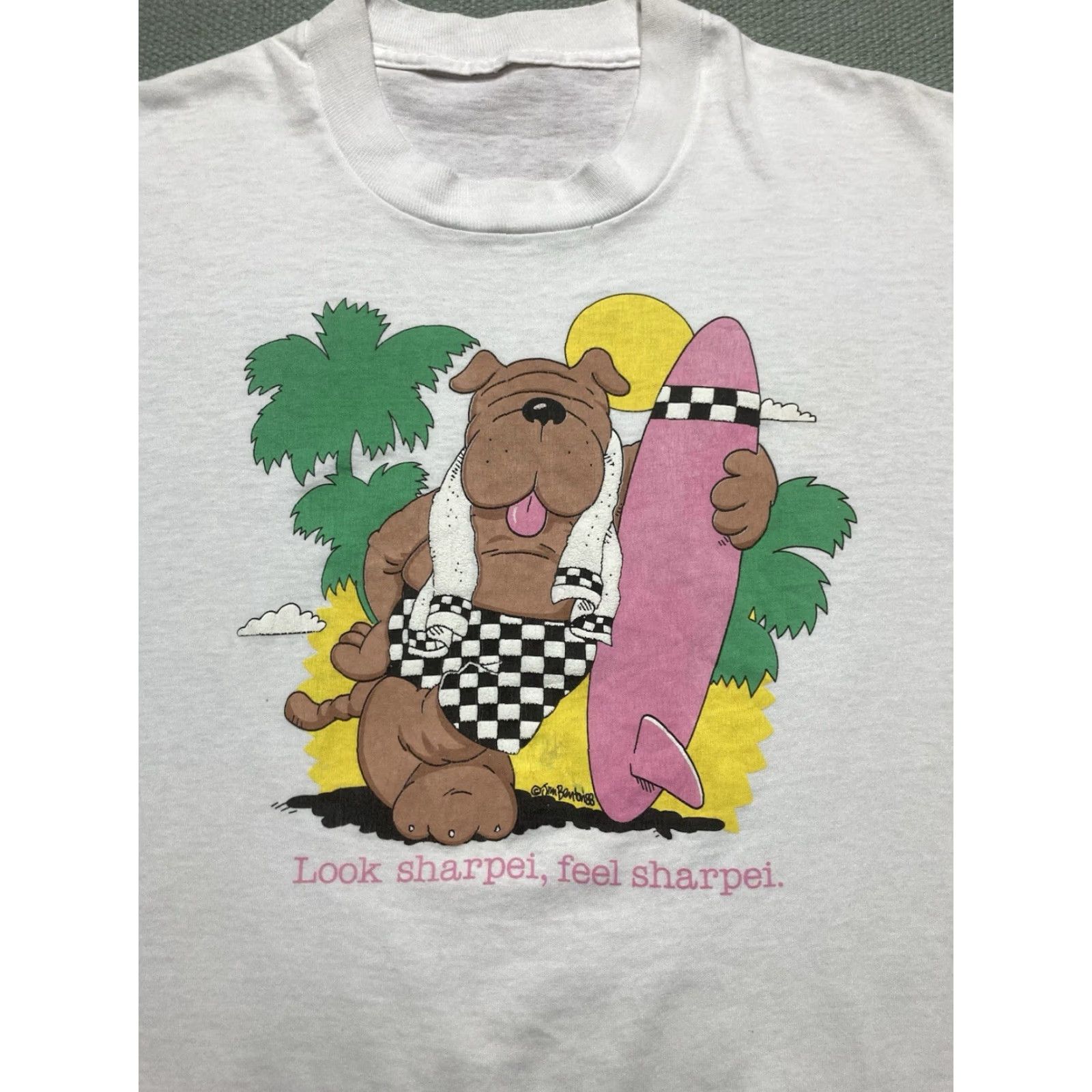 VINTAGE 80s Beach T-Shirt Sharpei Dog Jim Benton Surf Beach White Large Men