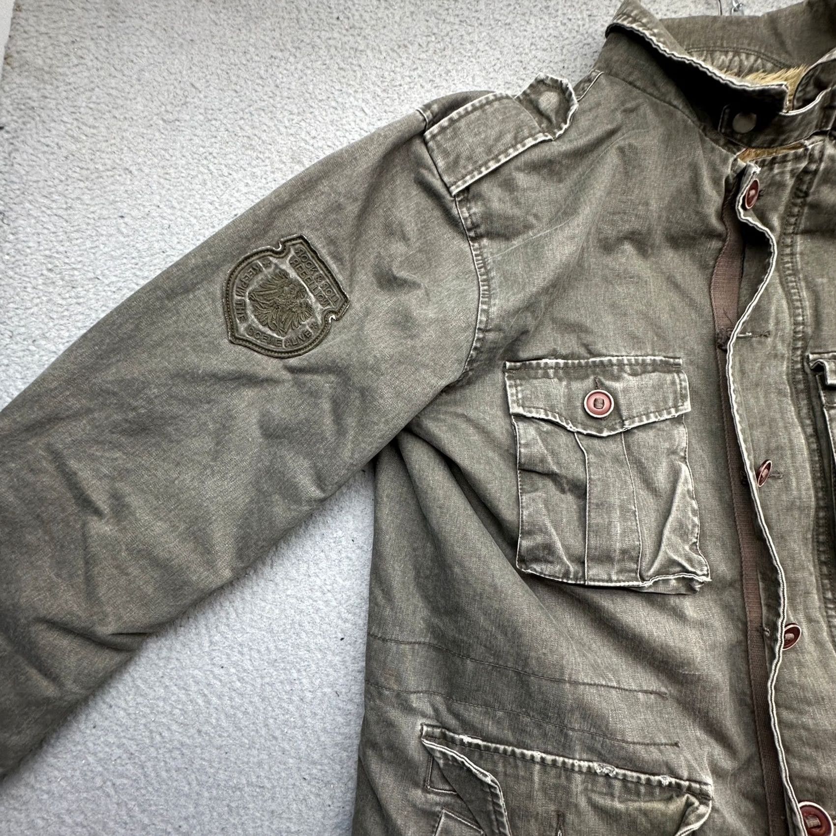 Guess Guess Jeans Military Distressed Jacket Mens Large Faux Fur Lined Green M65 Style Jacket Size US 33 - 7 Thumbnail