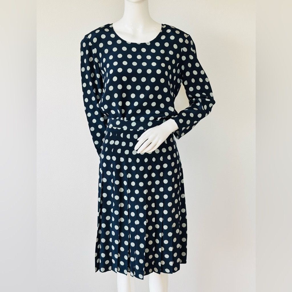 Vintage Valentino Miss V Silk Polka Dot Dress Navy Grey