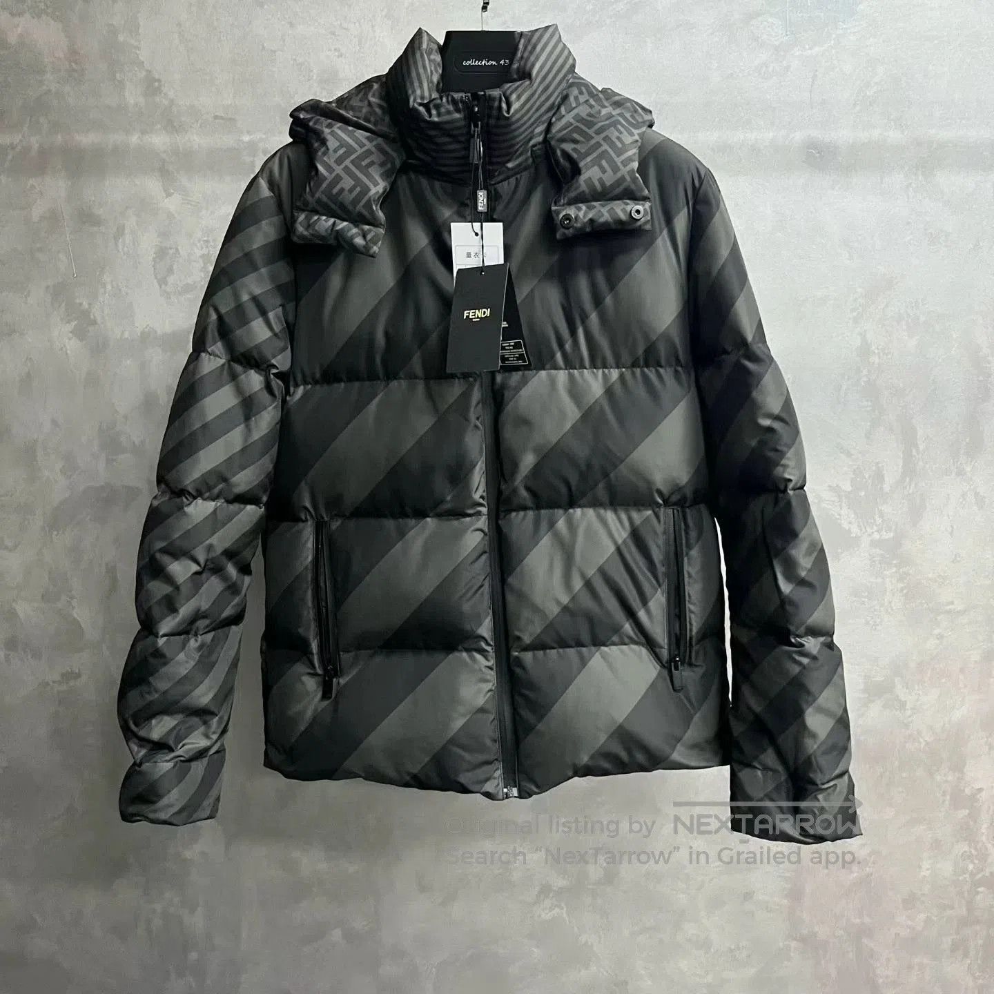 fendi black logo puff jacket with hood.