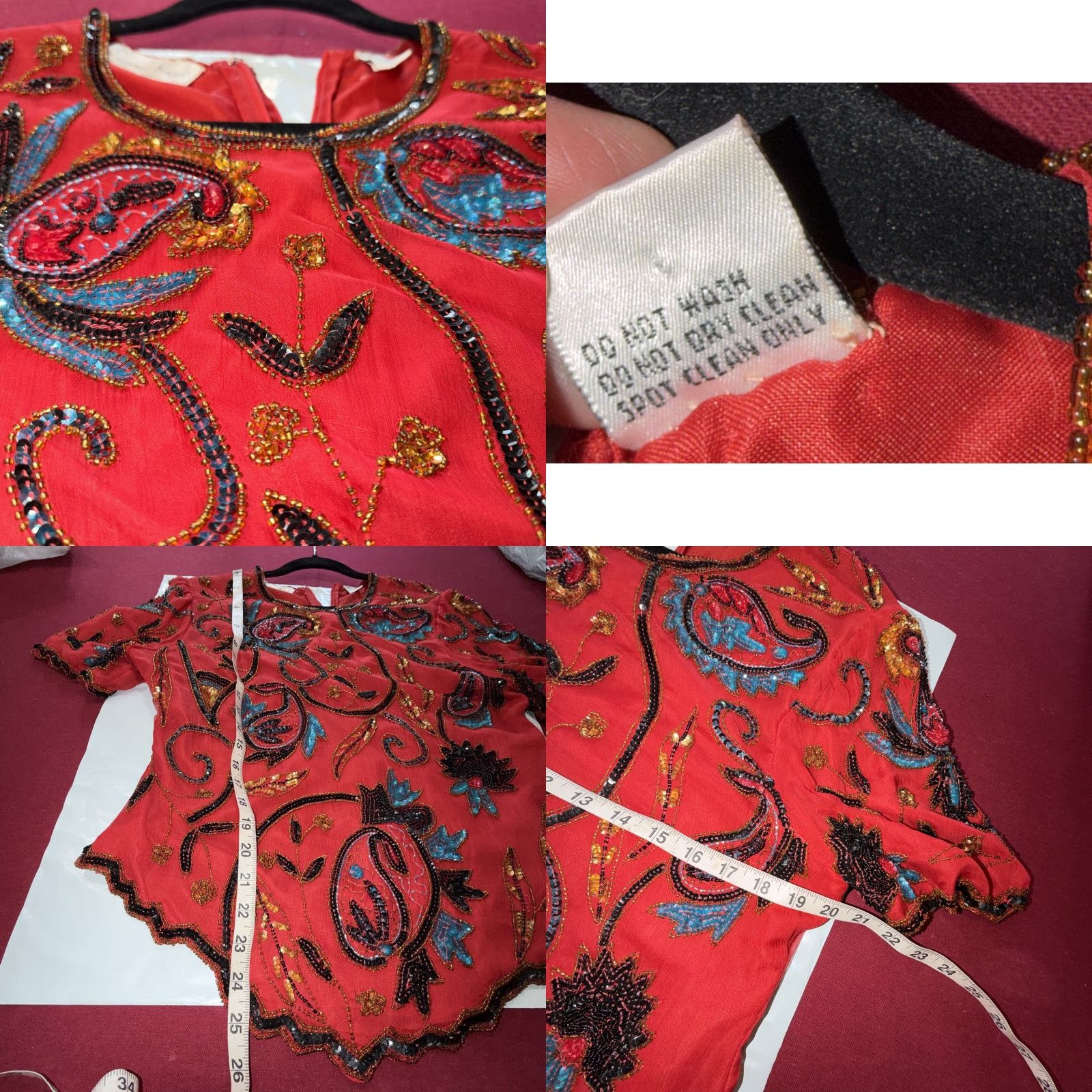 Vintage VINTAGE Laurence Kazar RED Silk black Blue Sequin Beaded Top Women L Floral S/S Formal Top Size L / US 10 / IT 46 - 9 Thumbnail
