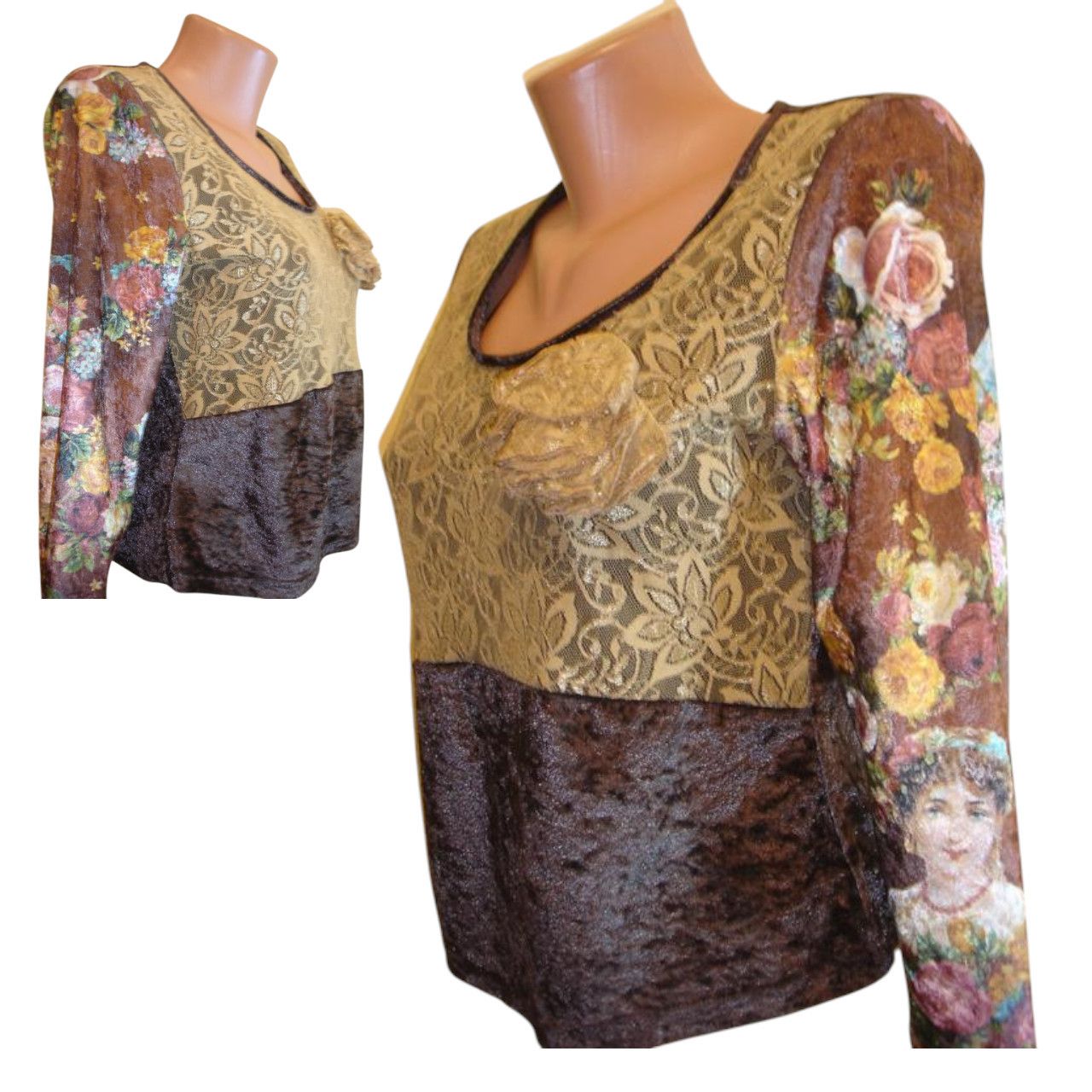 Japanese Brand Brown lace longsleeve sz M velour brand Melrose Size M / US 6-8 / IT 42-44 - 4 Thumbnail