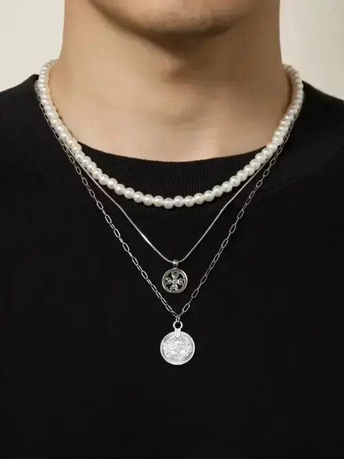 Jewelry x Vintage Retro Punk Vintage Stainless Steel Pearl Necklace Chain in Silver, Men's
