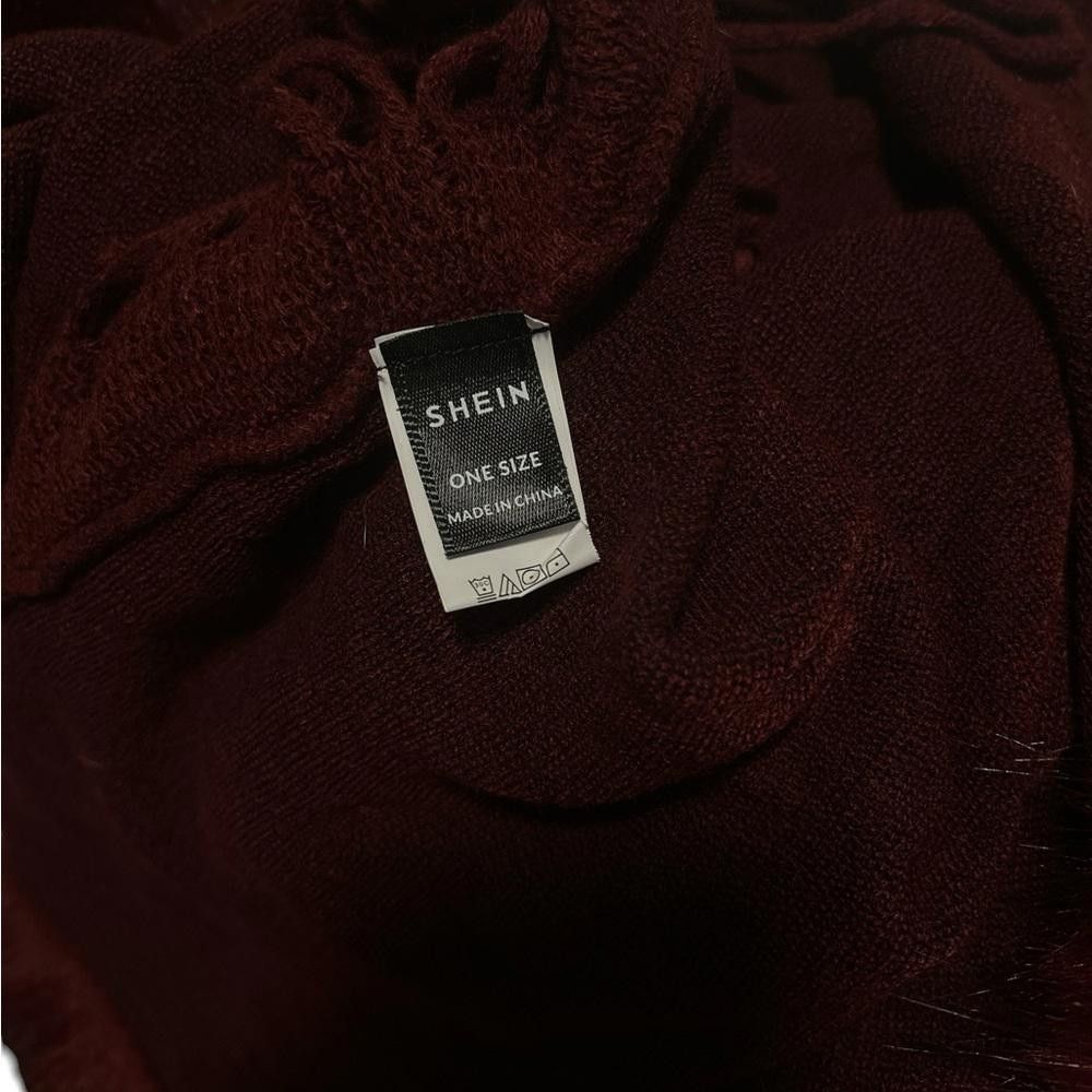 Shein Burgundy Houndstooth Poncho with Faux Fur Trim Size ONE SIZE - 5 Thumbnail