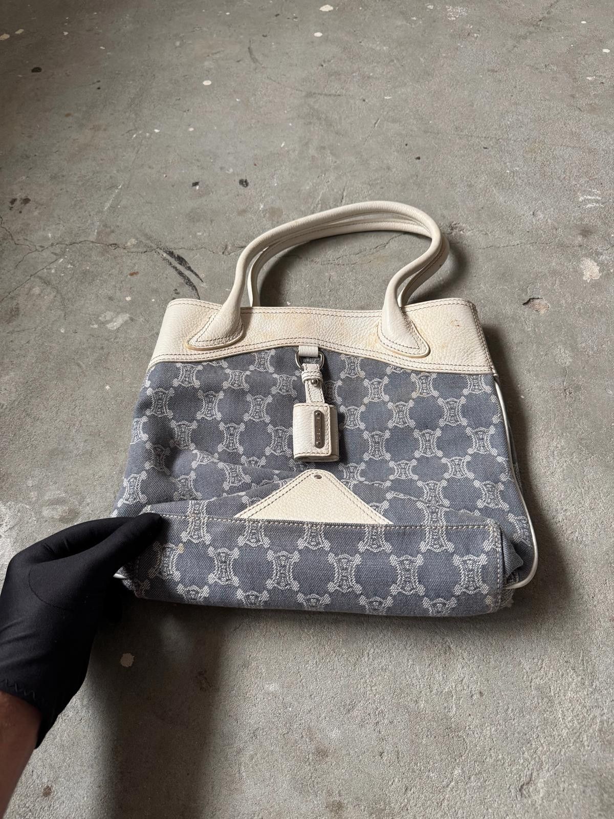 Celine Celine Triomphe Macadam Denim Tote Bag Blue/White Size ONE SIZE - 9 Thumbnail