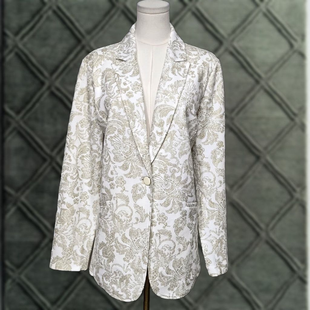 Vintage Susan Graver Blazer Womens Large White Gold Jacquard Floral Occasion Elegant Jacket Size L / US 10 / IT 46 - 1 Thumbnail